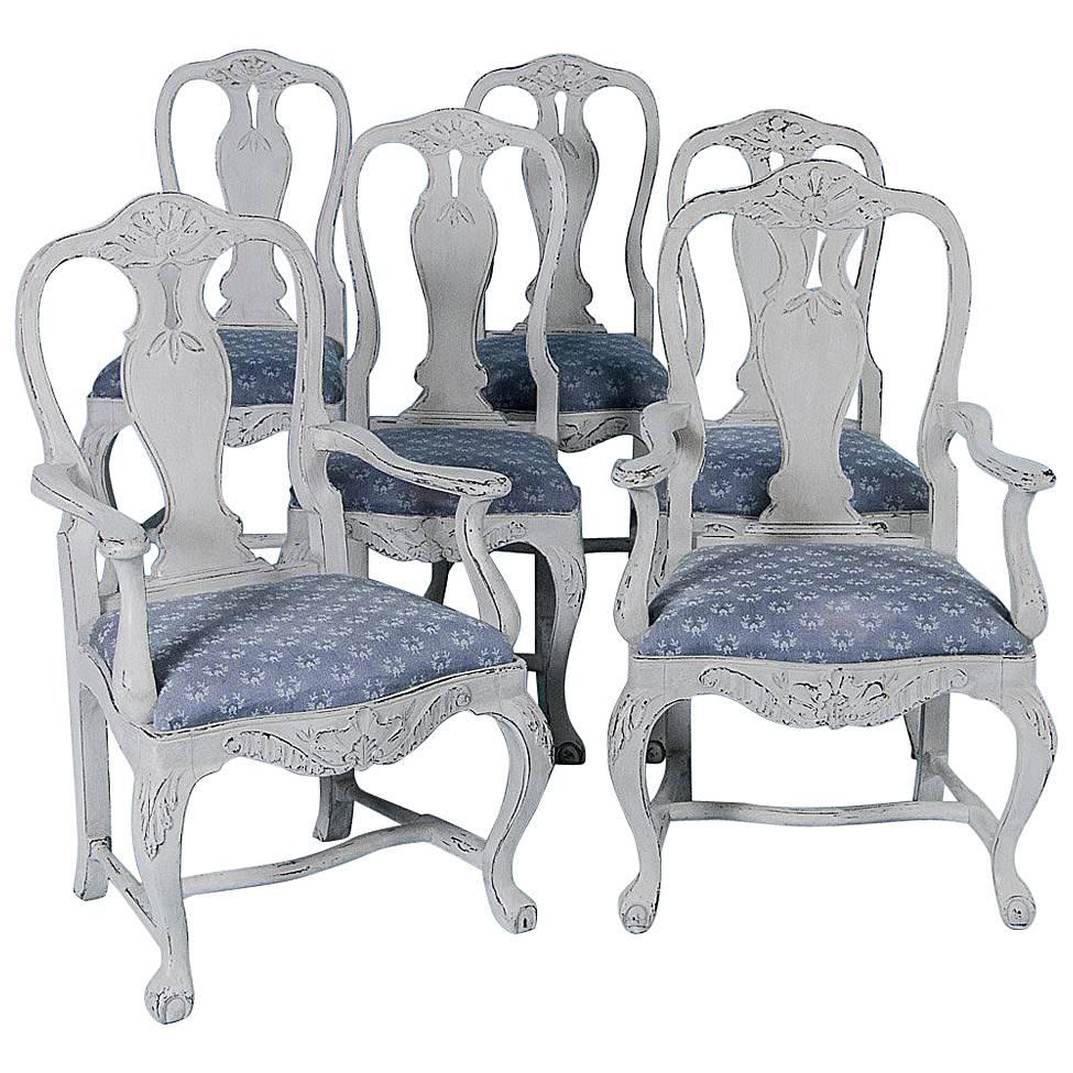 Set of Six Antique 19th Century Swedish Gustavian Dining Chairs with Gray Paint