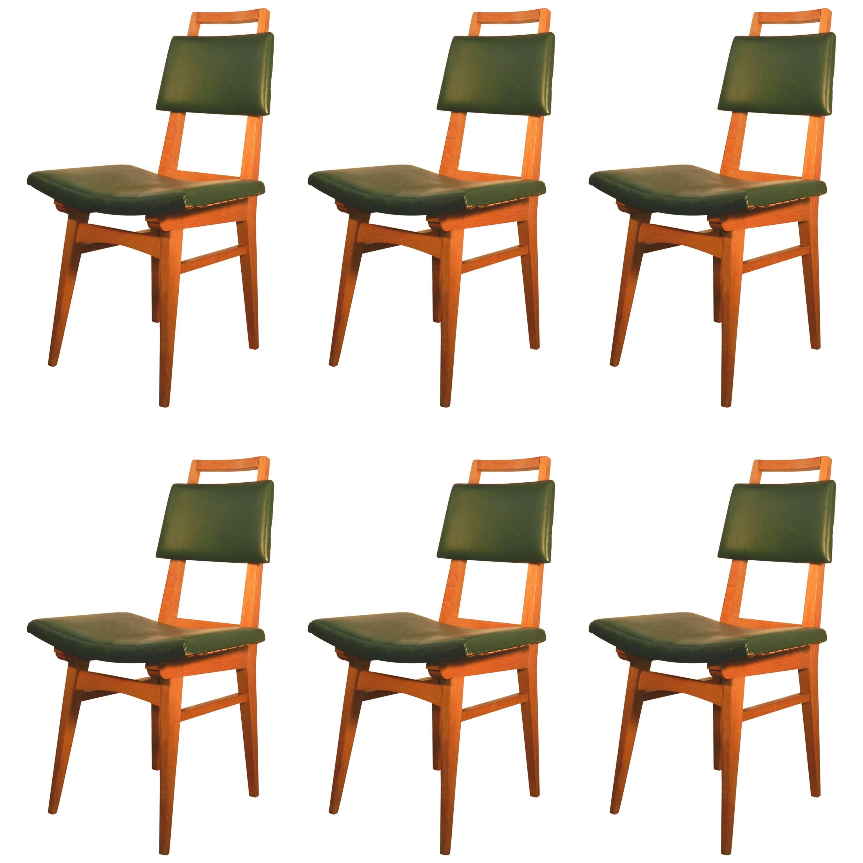 French Work circa 1950-1960, Set of Six Tinted Beech Chairs