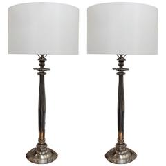 Pair of Silvered Cast Bronze Column Lamps