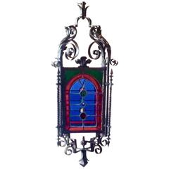 Antique French Gas Iron and Stained Glass Lantern