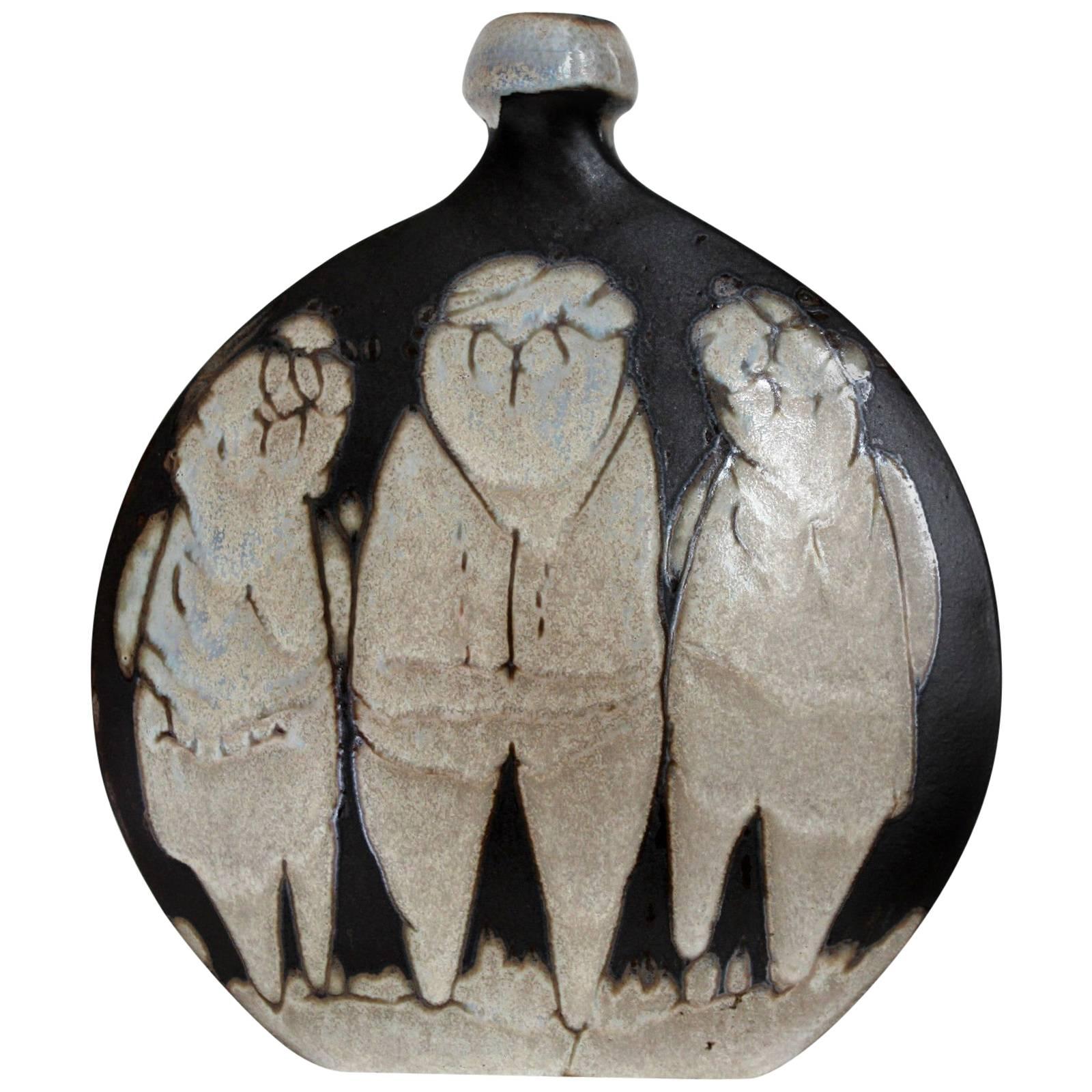 Rare Holiday Gift: Exceptional Studio Ceramic Vase "Three Friends" , 1950