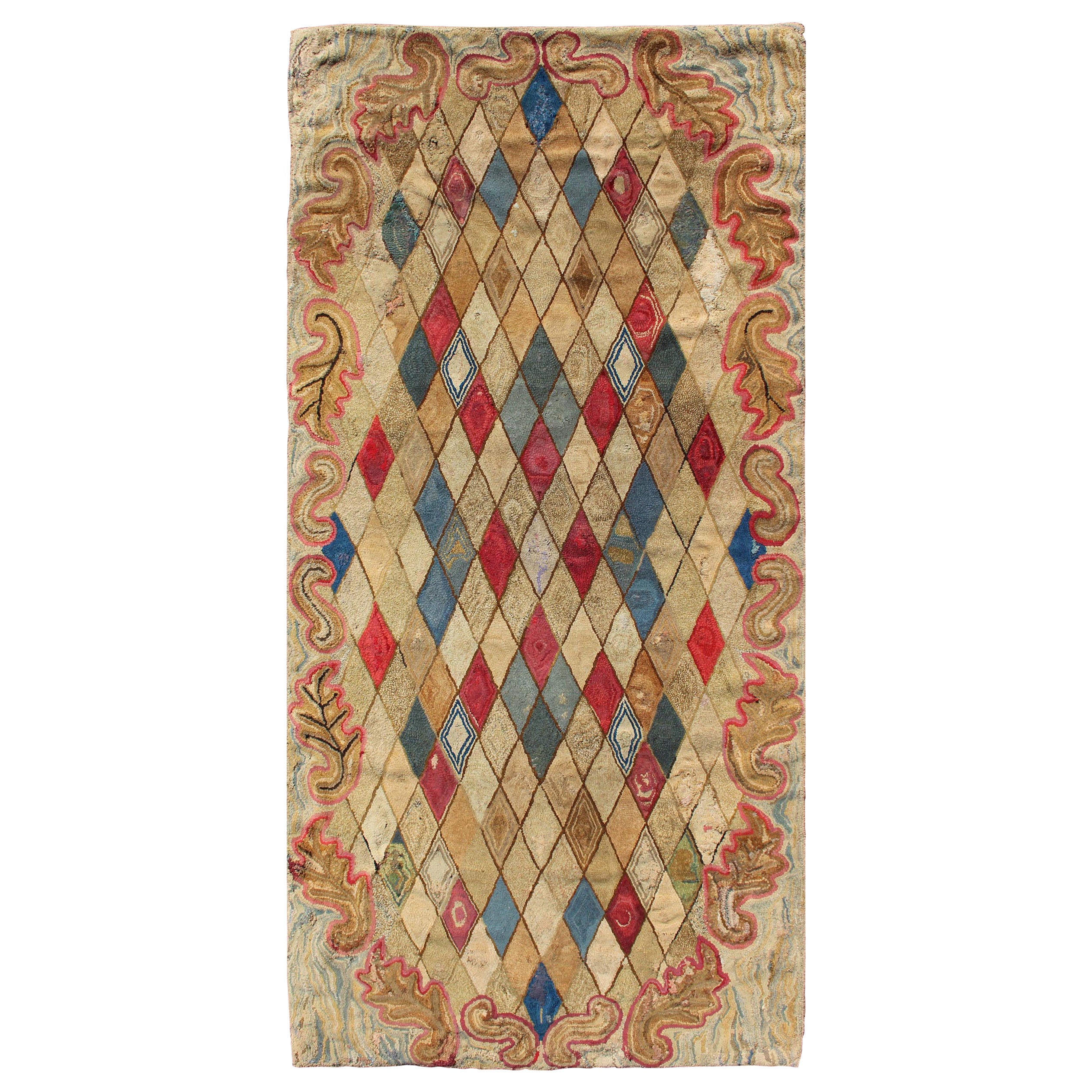 Colorful 19th Century Antique American Hooked Rug with Diamond Design 