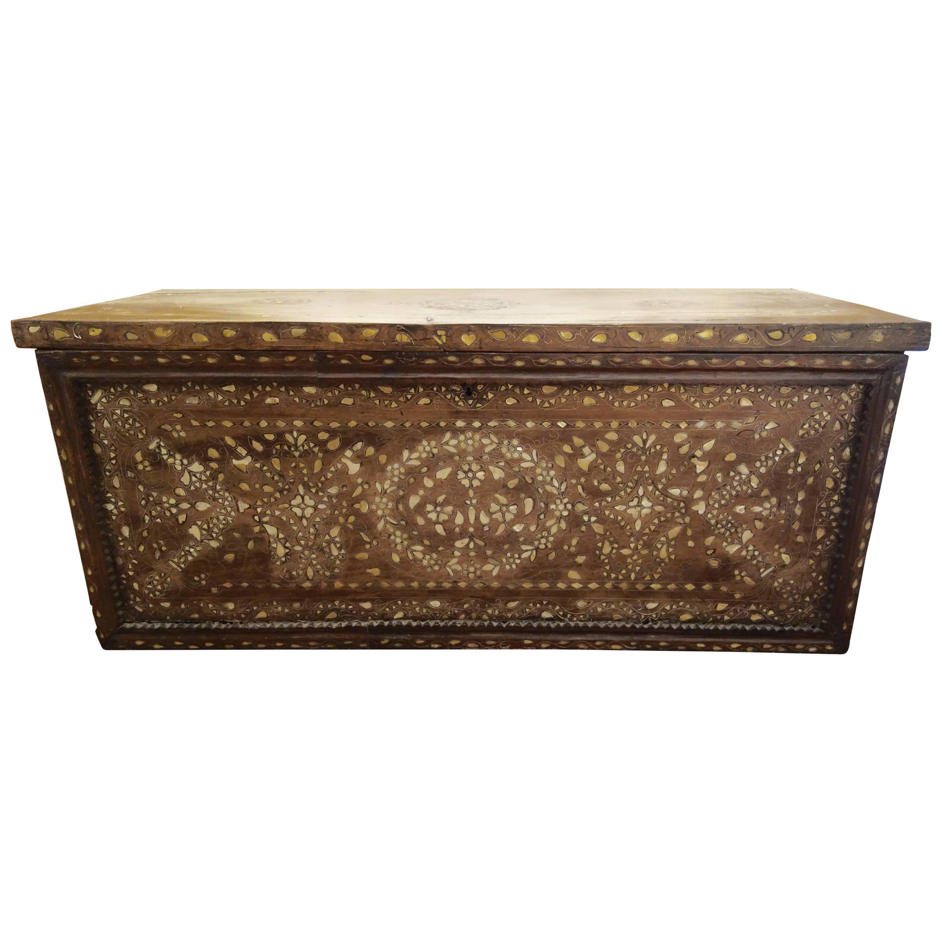 Large 19th Century Syrian Trunk with Mother-of-Pearl Inlay