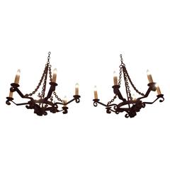 Pair of French Wrought Iron Hanging Six-Light Chandeliers, Circa 1840