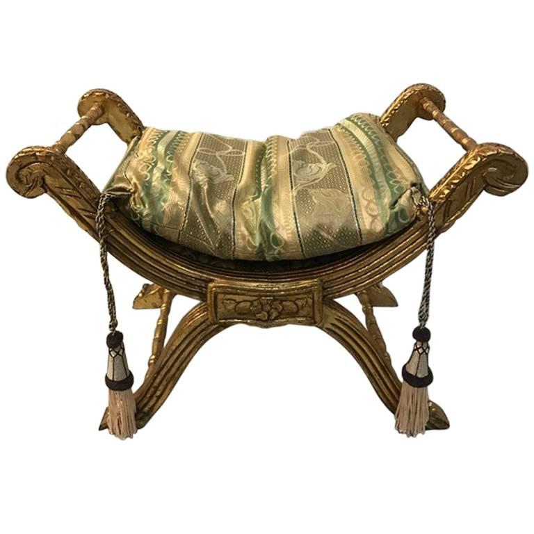 Giltwood Bench with Pillow and Nailheads For Sale