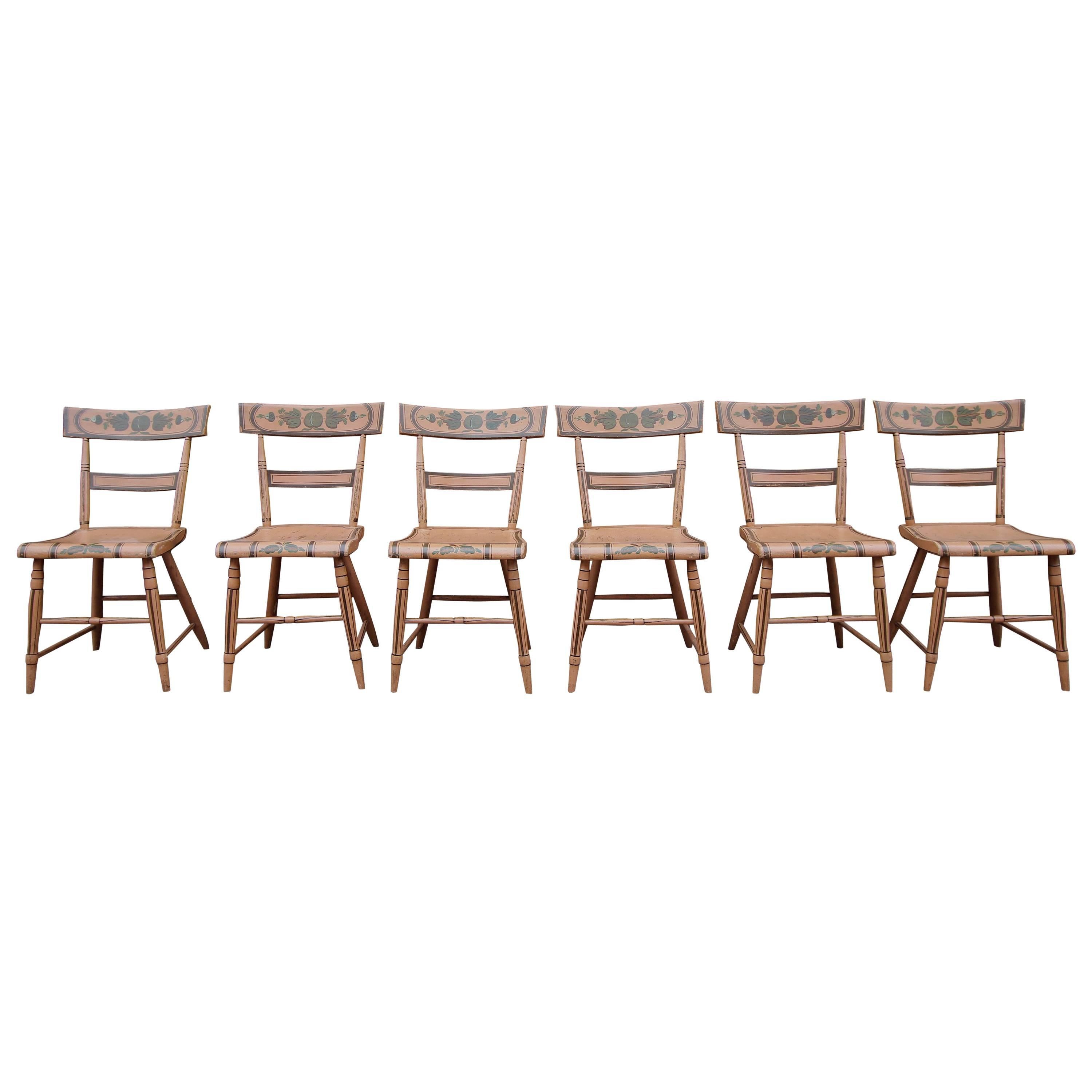 Set of Six Salmon Painted and Decorated Chairs, Pennsylvania, circa 1840 For Sale