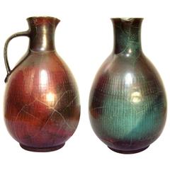 Lovely Antique  Handmade Hand Glazed Vase in Green and Wine Colors