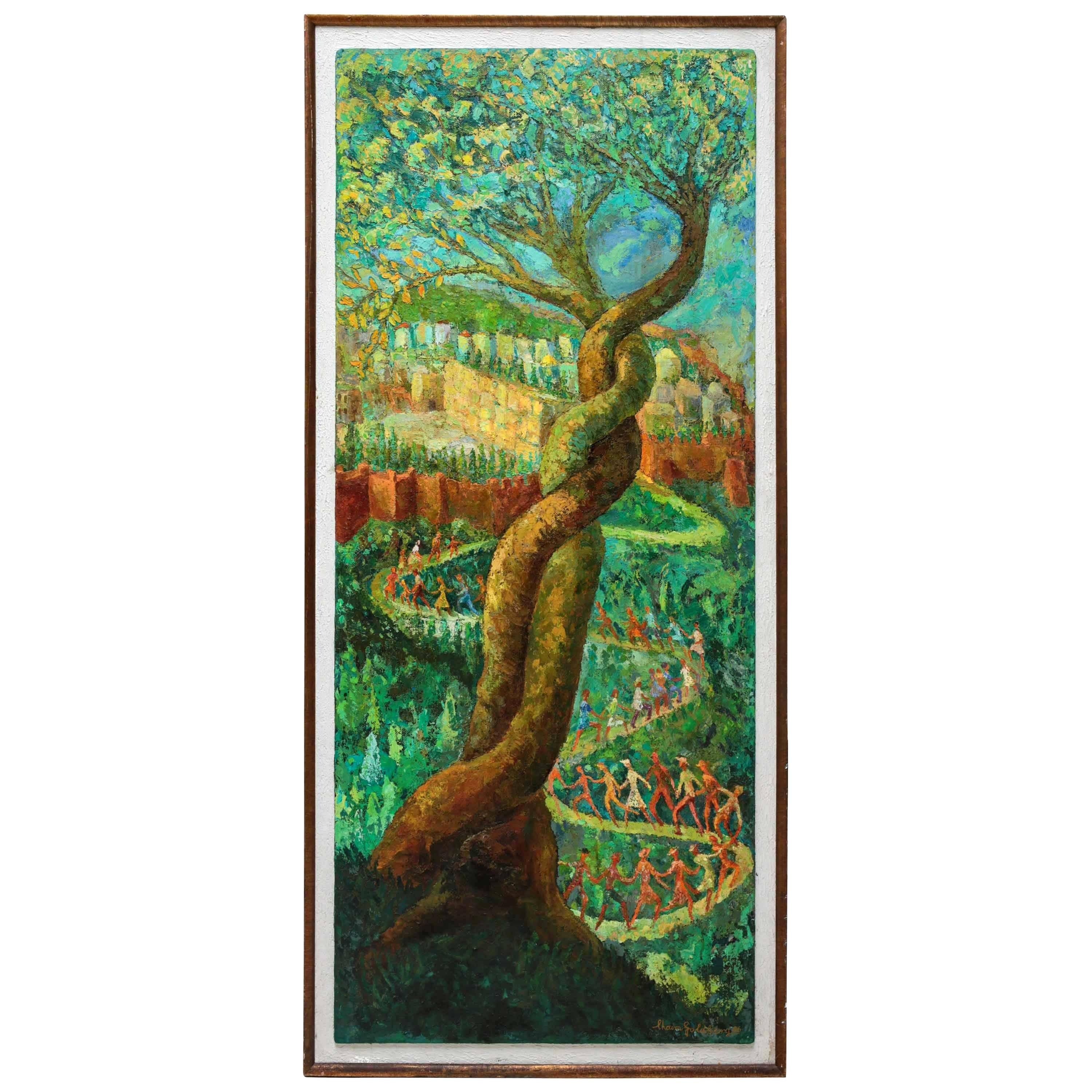 Large Post Expressionist Oil Painting "Oh Jerusalem" by Chaim Goldberg For Sale