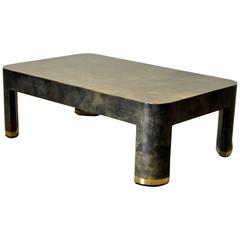 Karl Springer Attributed Lacquered Goatskin Coffee Table with Brass Capped Legs