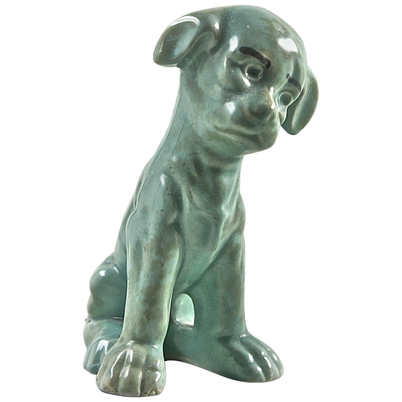Charming Antique Pottery Terrier Figure "My Friendly Terrier" Celadon Glaze 1960