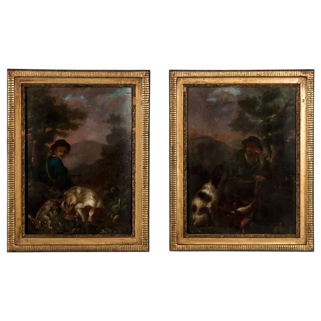 Pair of Antique 19th Century French Oil Paintings of Hunting Scenes on Panel