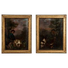 Pair of Antique 19th Century French Oil Paintings of Hunting Scenes on Panel