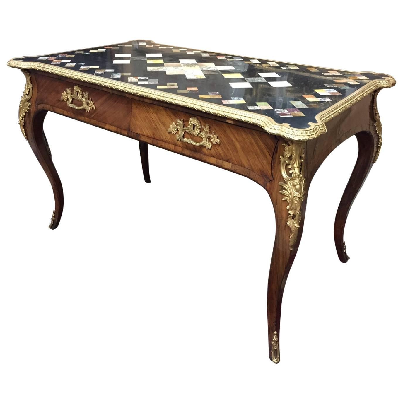  French Marble Inlay Topped Bureau Plat Desk, 19th Century