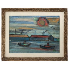 Oil on Canvas Impressionist Painting of a Harbor Scene, circa 1956