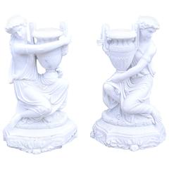 Pair of Italian Marble Maiden Statue Garden Urns Lifesize Sculpture