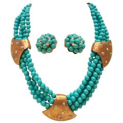 Vintage Turquoise Bead and Gold Demi Parure Necklace and Earrings Set 6