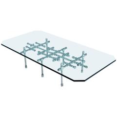 Vintage Bespoke Modern Glass Coffee Table with Metal Silver Pipe Base, 1980's