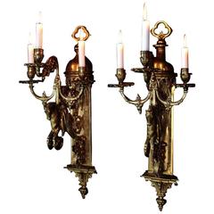 Antique Gothic Revival Pair of Wall Lamps, Gilded Bronze, 19th Century