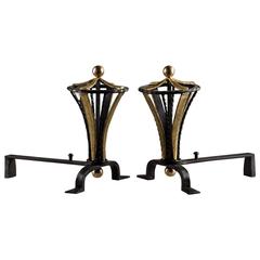 Pair of Art Deco Wrought Iron Andirons