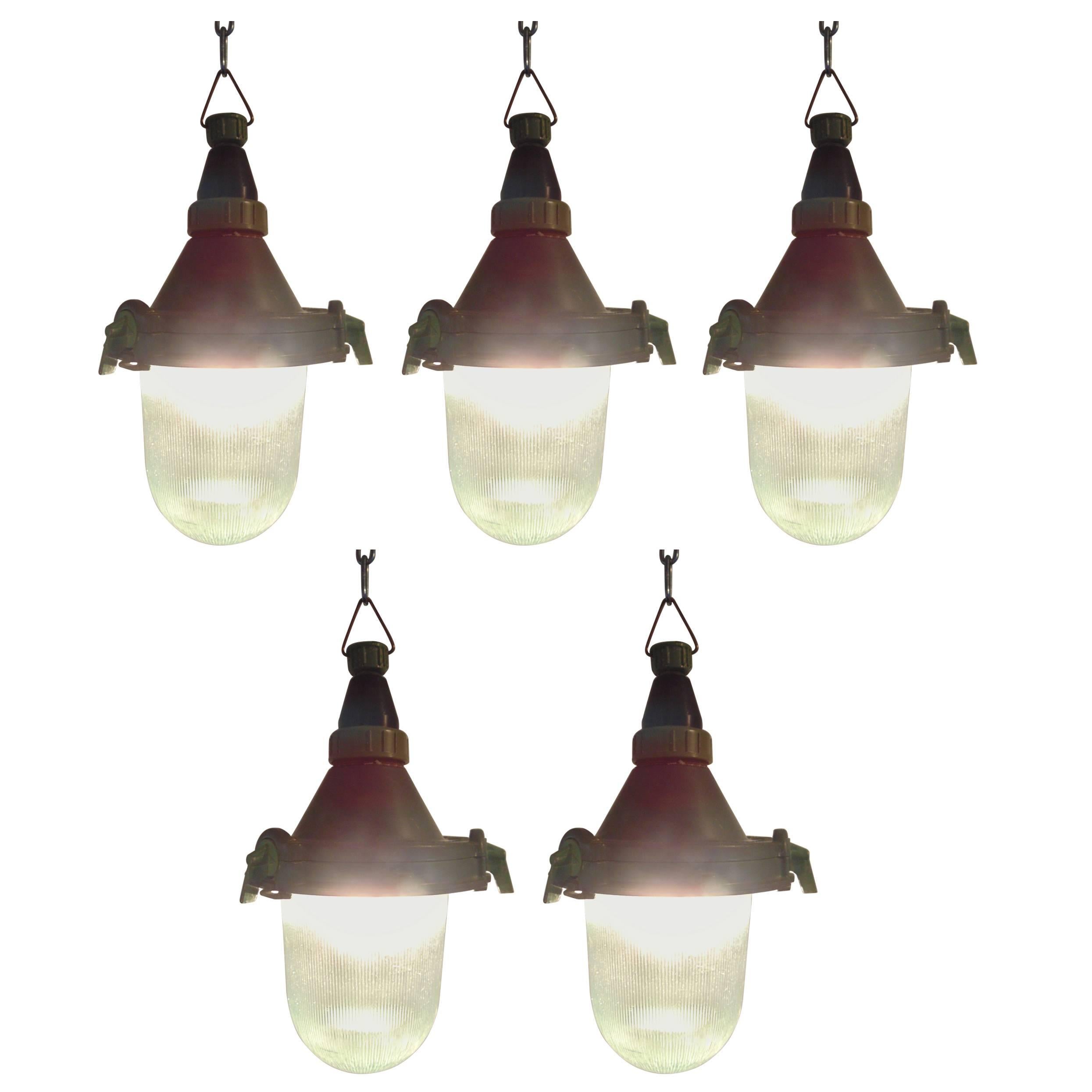 Vintage Industrial CCCP Steel and Moulded Glass Pendant Lights For Sale