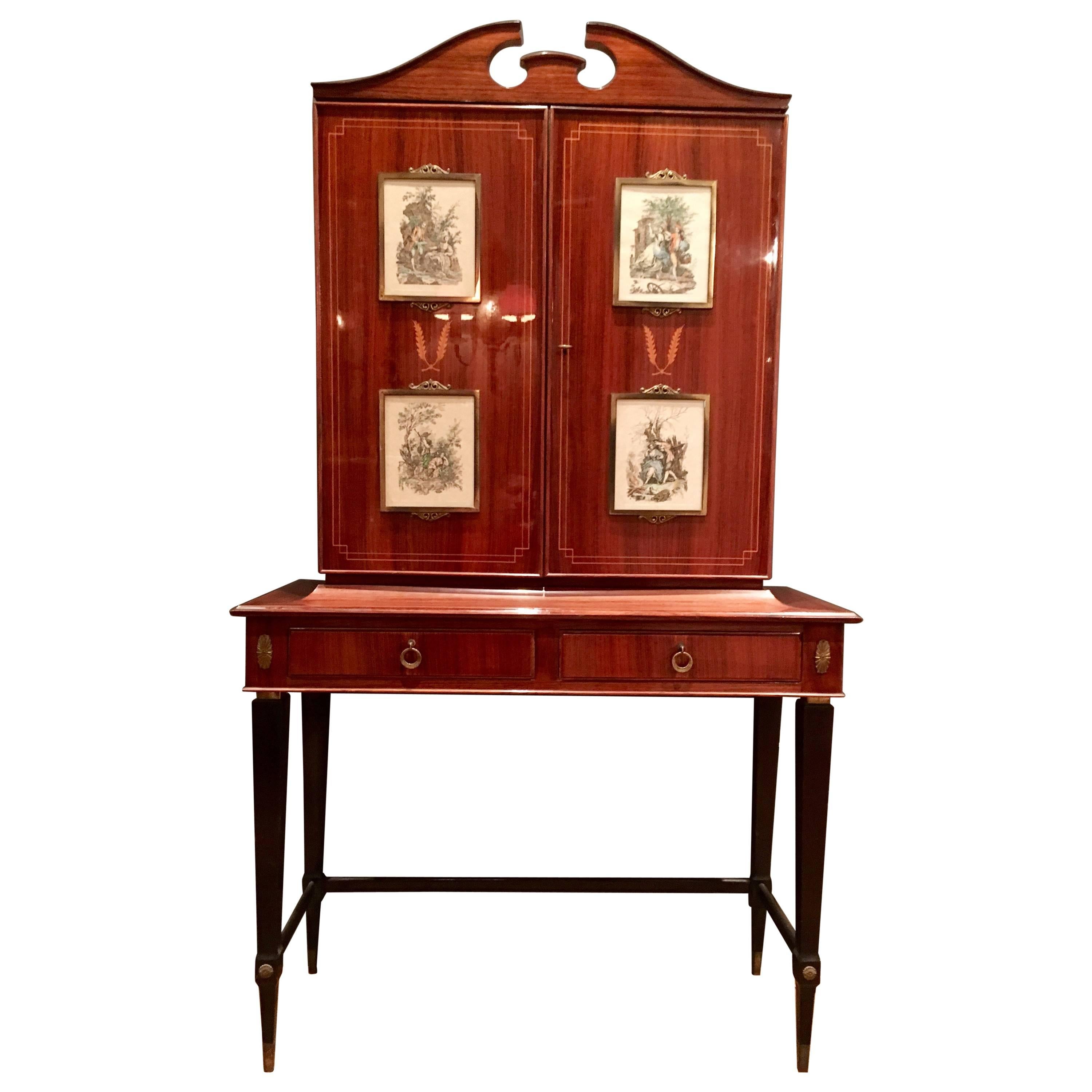 Beautiful Italian bar cabinet made in the 1960s from beechwood fineered with mahogany. 
Inlaid with leaf shaped decorations. 

Vintage drinks cabinet in Belle Epoque style decorated with four frames with colored etchings depicting young lovers in