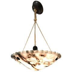 Early 20th Century Art Deco Pure White with Black Veins Alabaster Pendant Light