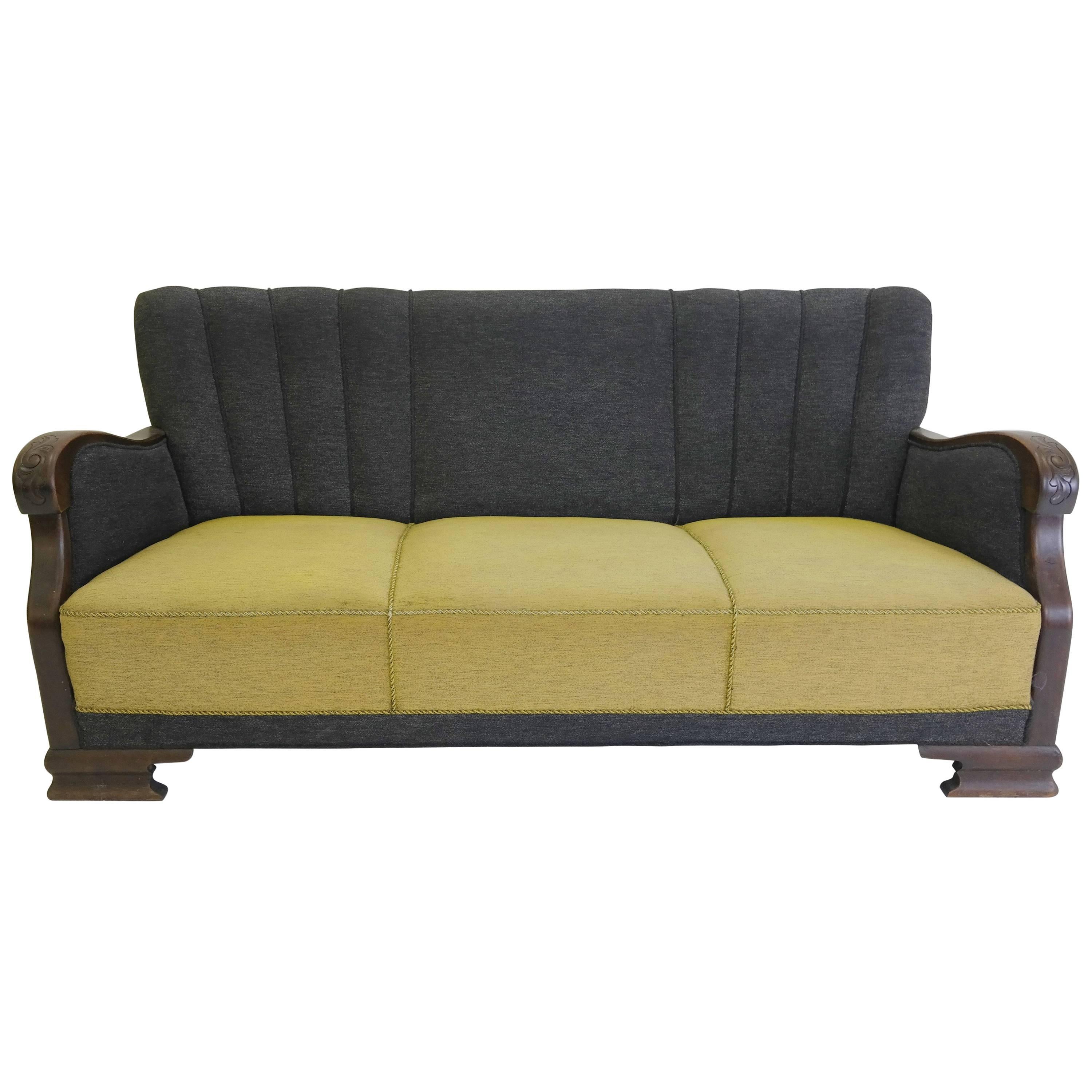 Danish 1930s Sofa with Carved Armrests and Feet