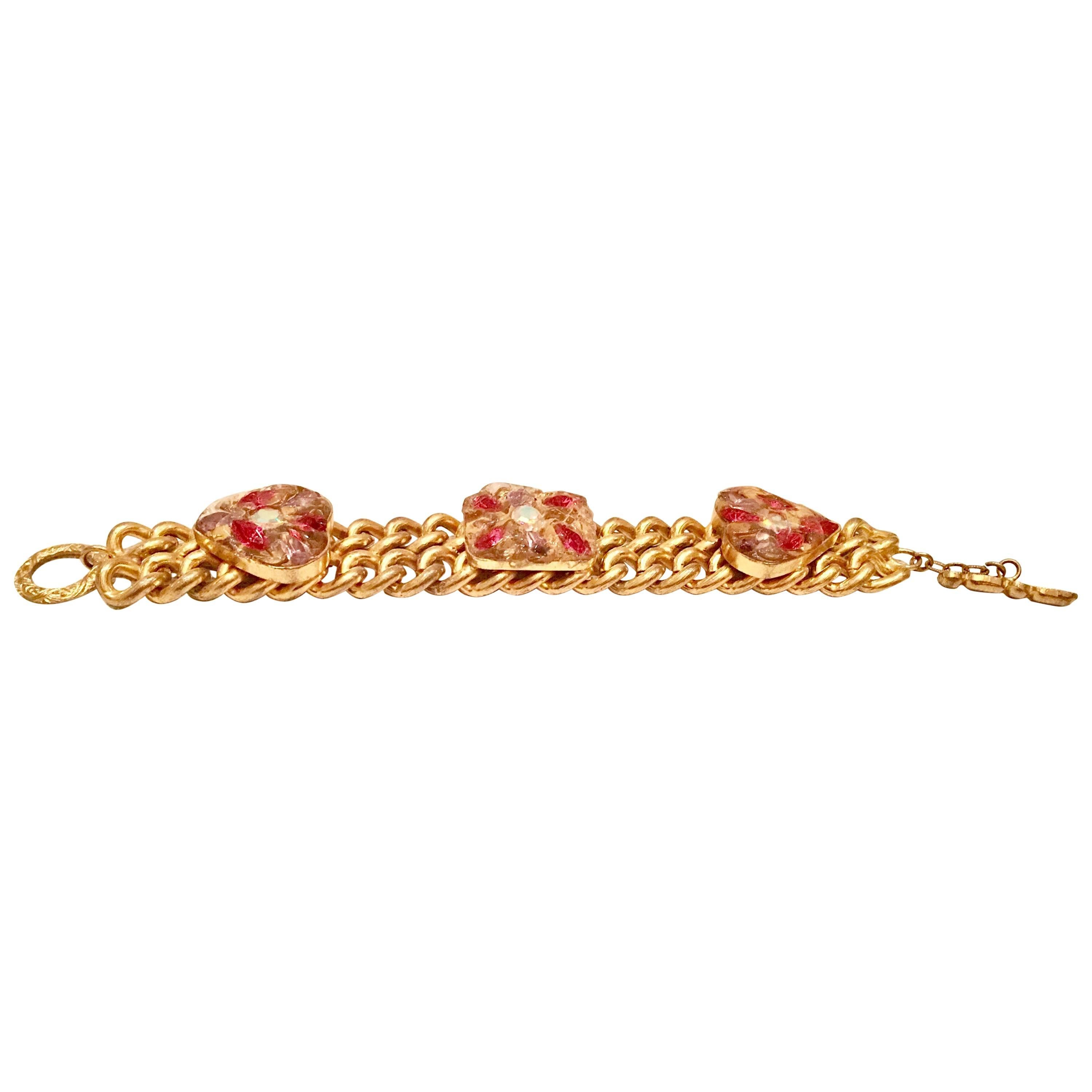 Vintage Double Gold Link Encased Glass Heart Bracelet For Sale