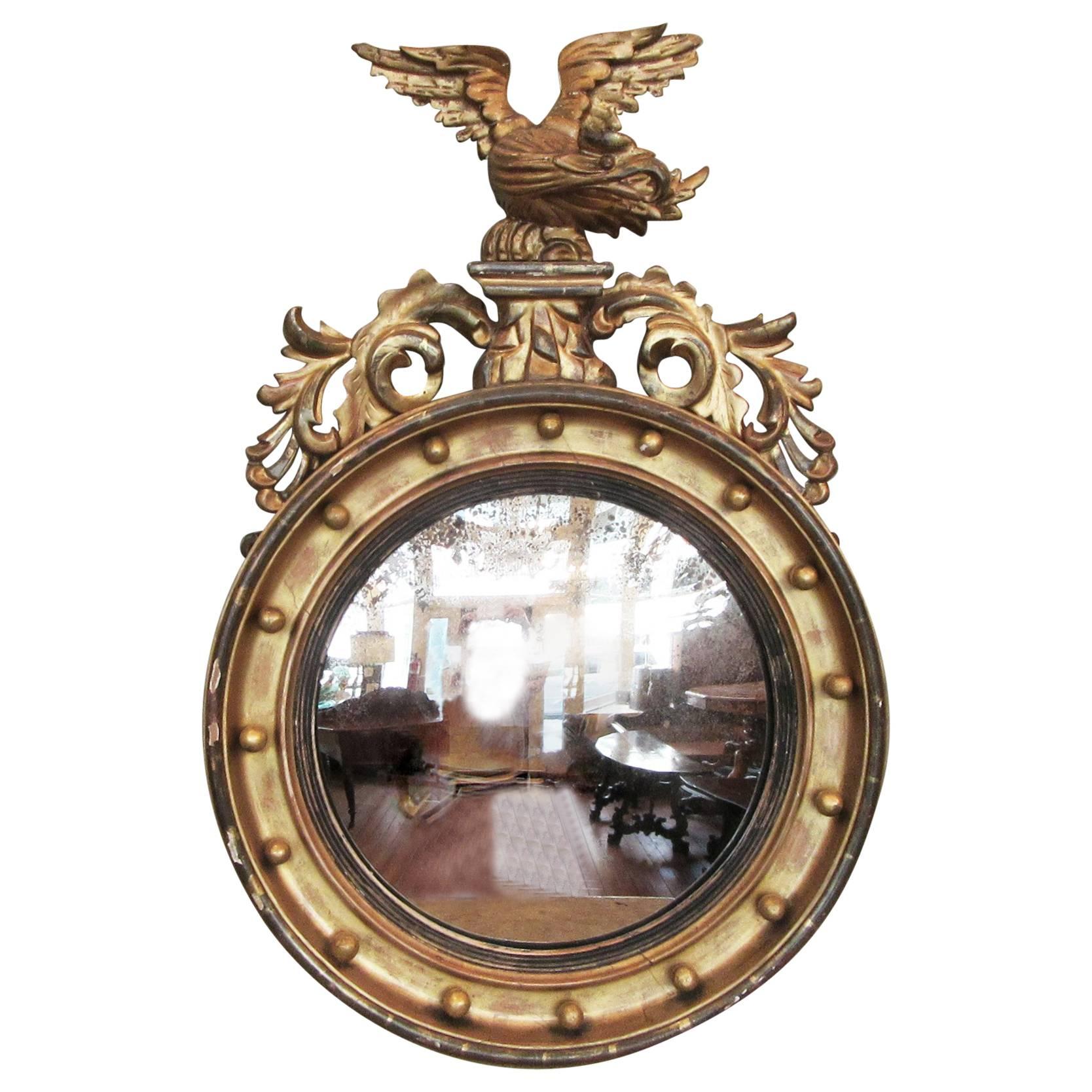 19th Century English Regency Giltwood Convex Mirror with Eagle and Acanthus