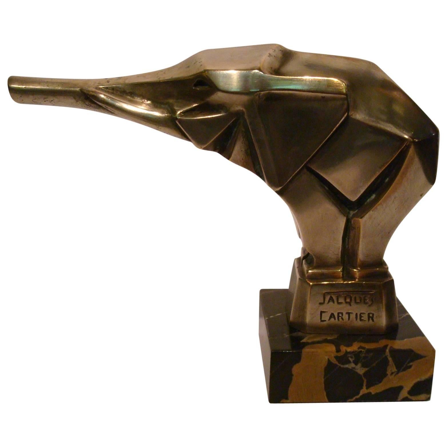 Jacques Cartier Art Deco Elephant Cubist Car Mascot Bronze with Silvered Patina