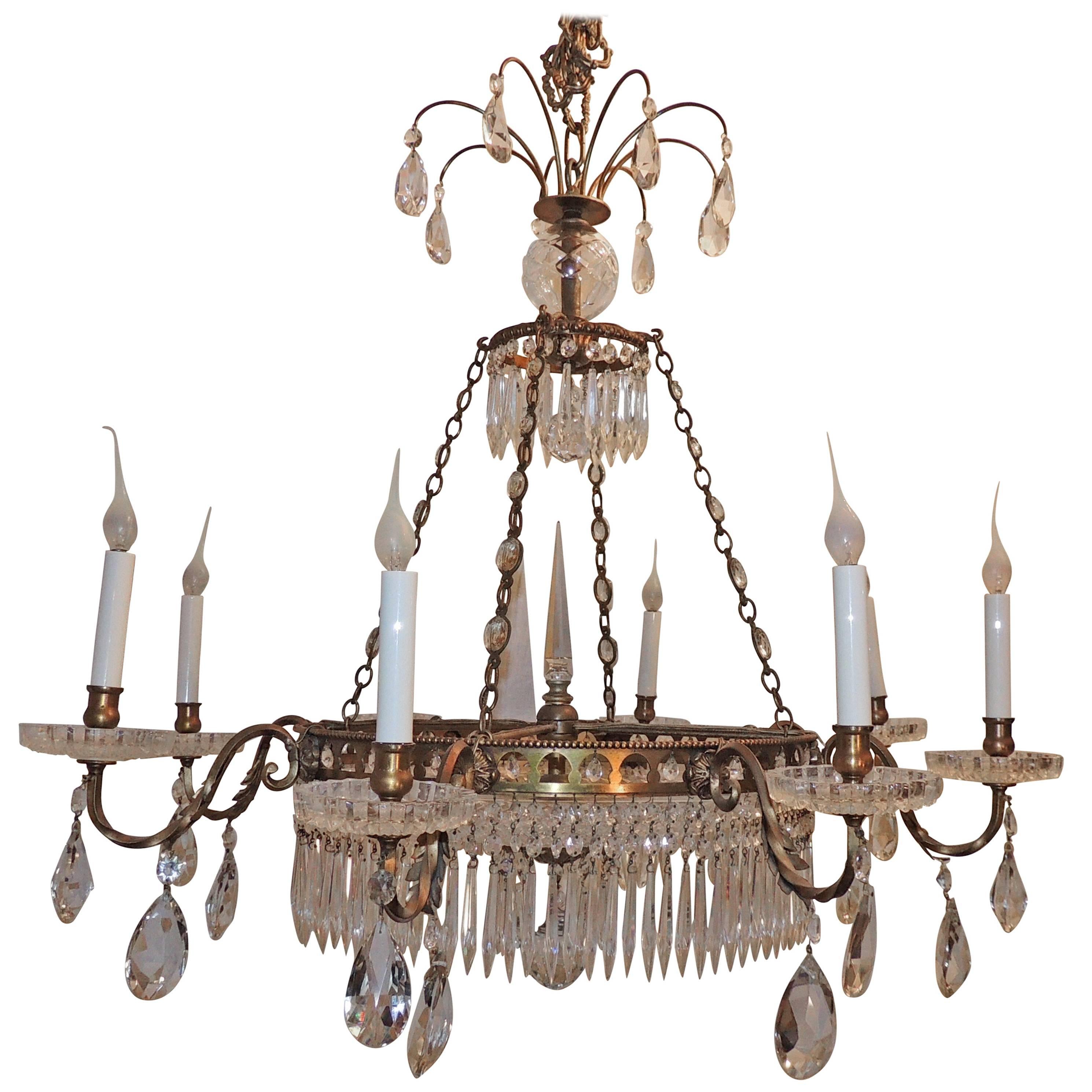 Wonderful French Bronze Regency Empire Crystal 12-Light Neoclassical Chandelier
