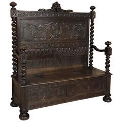 19th Century French Renaissance Hand-Carved Oak Hall Bench, circa 1850s