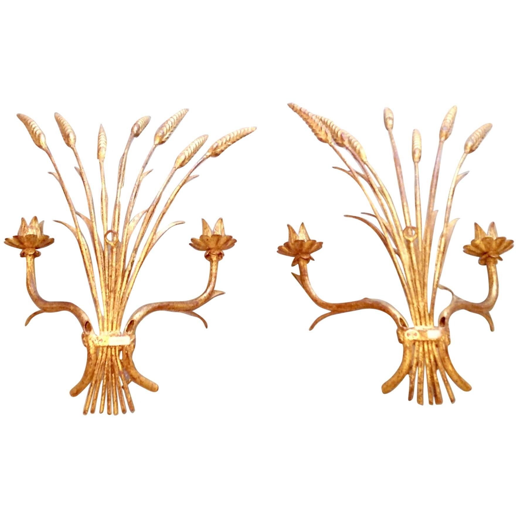 Pair of Vintage Italian Tole Wheat Sconces For Sale