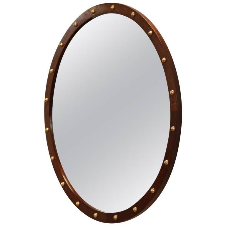 Round Brazilian Exotic Wood Mirror with Polished Brass Details For Sale