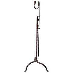 18th Century Adjustable Floor Standing Wrought Iron Rush Light and Candle Holder