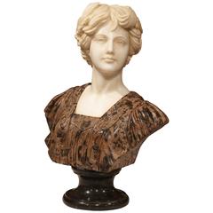 Large 19th Century Italian Carved Marble Bust of Young Lady by Goose