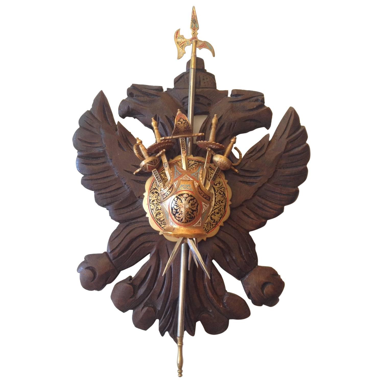 Vintage Spanish Sword Stand Carved Wood Coat of Arms Plaque, circa 1940s For Sale