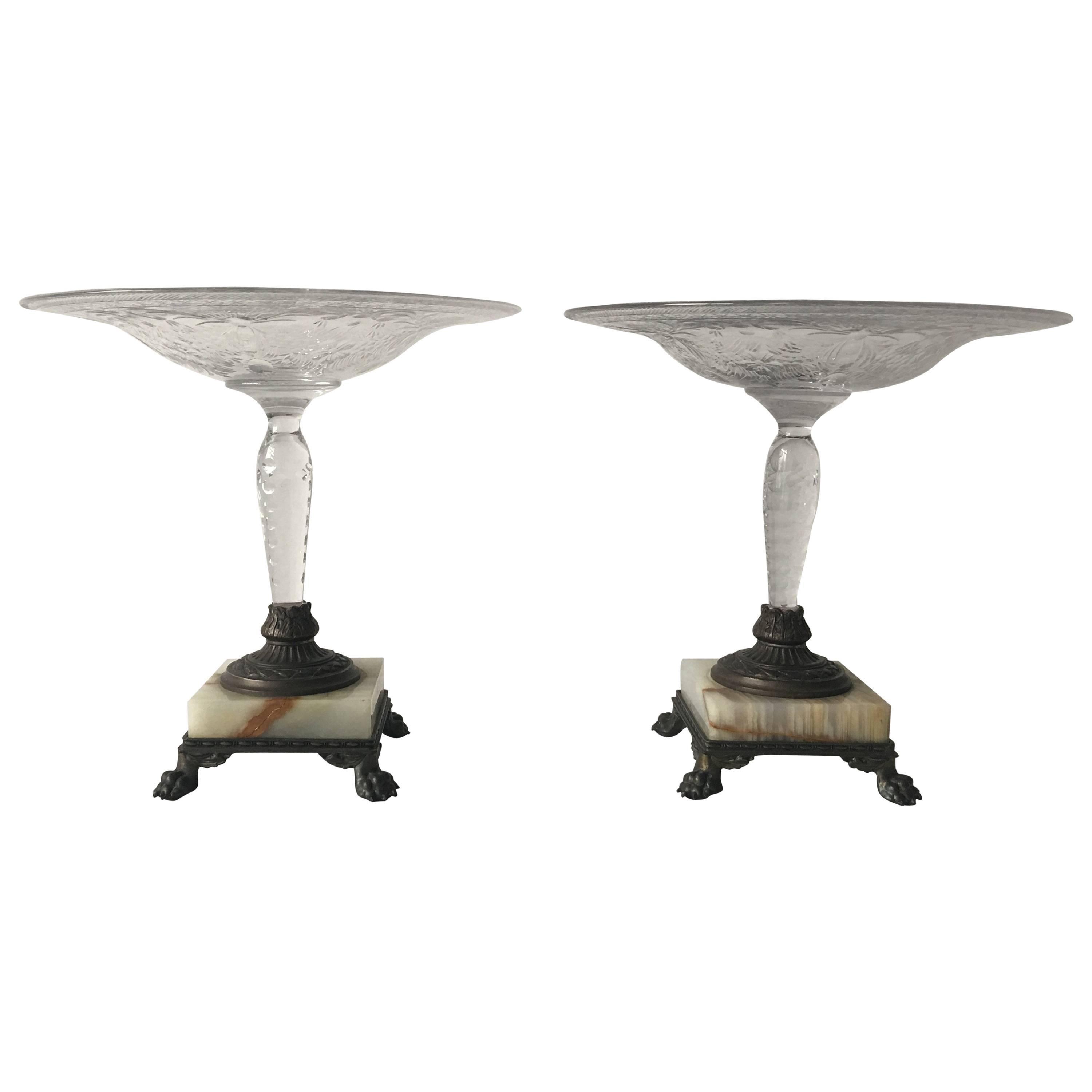 1920's Art Deco Pairpoint Crystal, Bronze and Marble Compotes, Pair