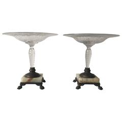 Vintage 1920's Art Deco Pairpoint Crystal, Bronze and Marble Compotes, Pair