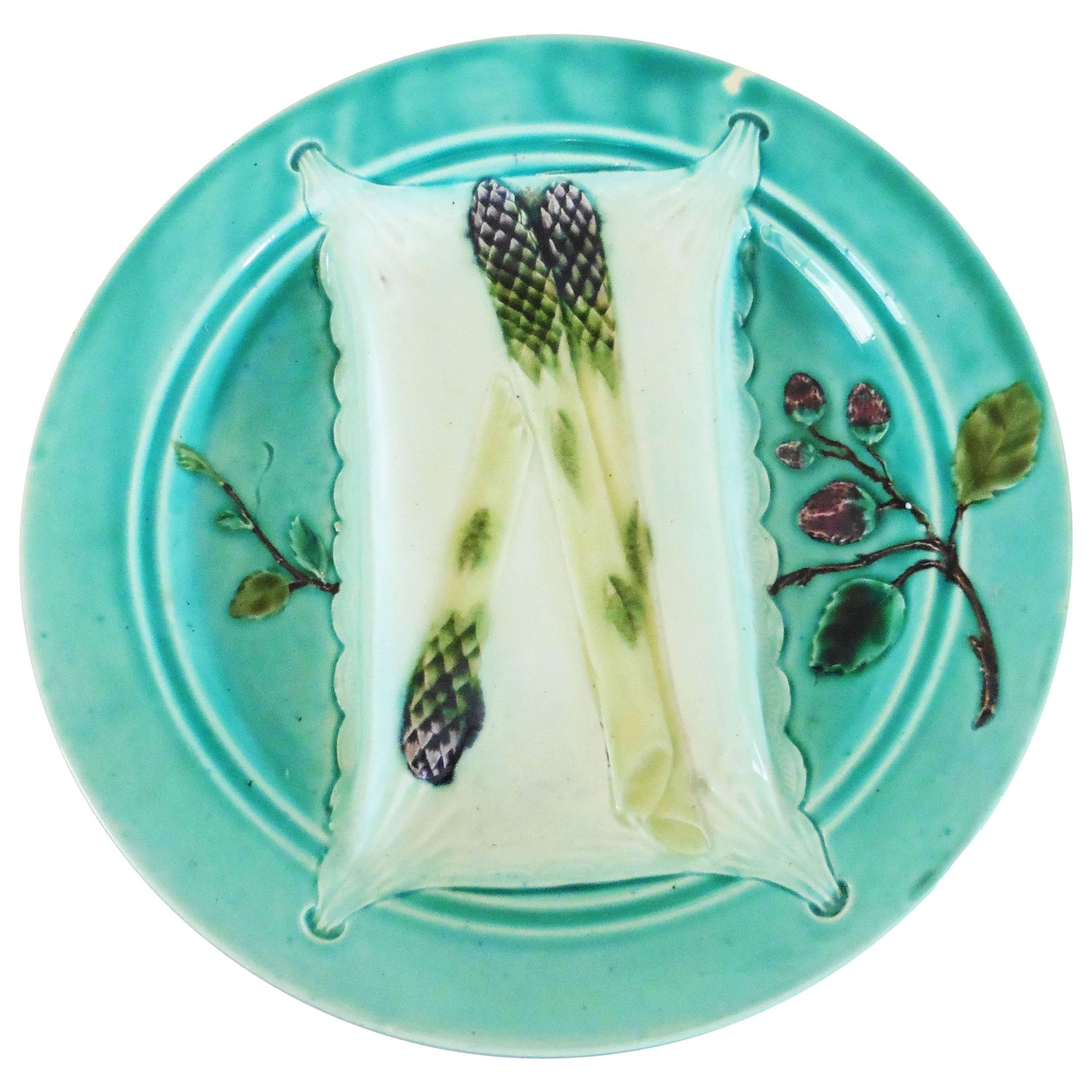 Assiette à asperges en majolique turquoise du 19ème siècle de Luneville