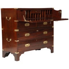 Antique English Mahogany Campaign Chest of Drawers with Writing Surface