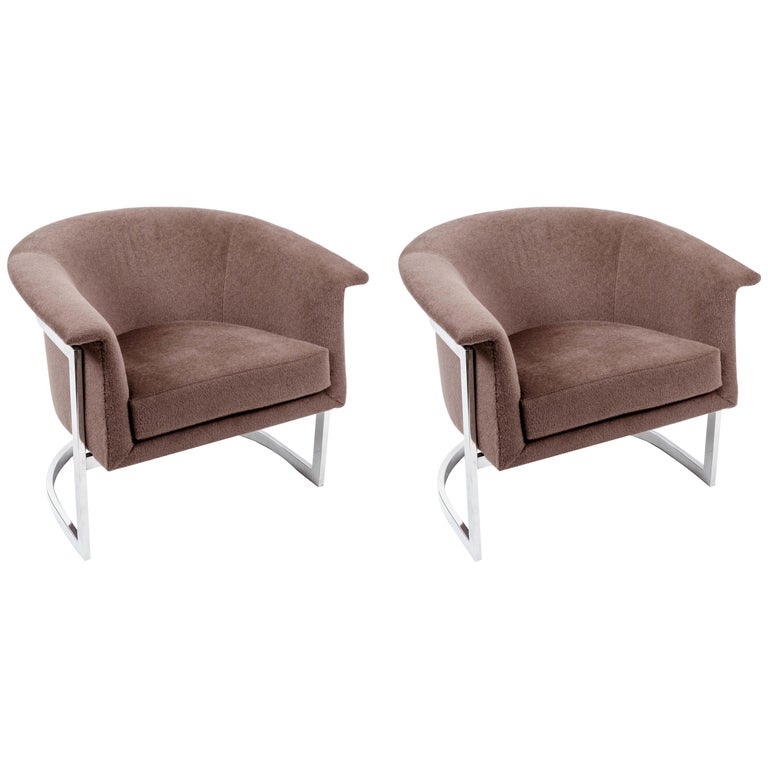 Pair of Chromed Steel Upholstered Lounge Chairs in the Style of Milo Baughman For Sale