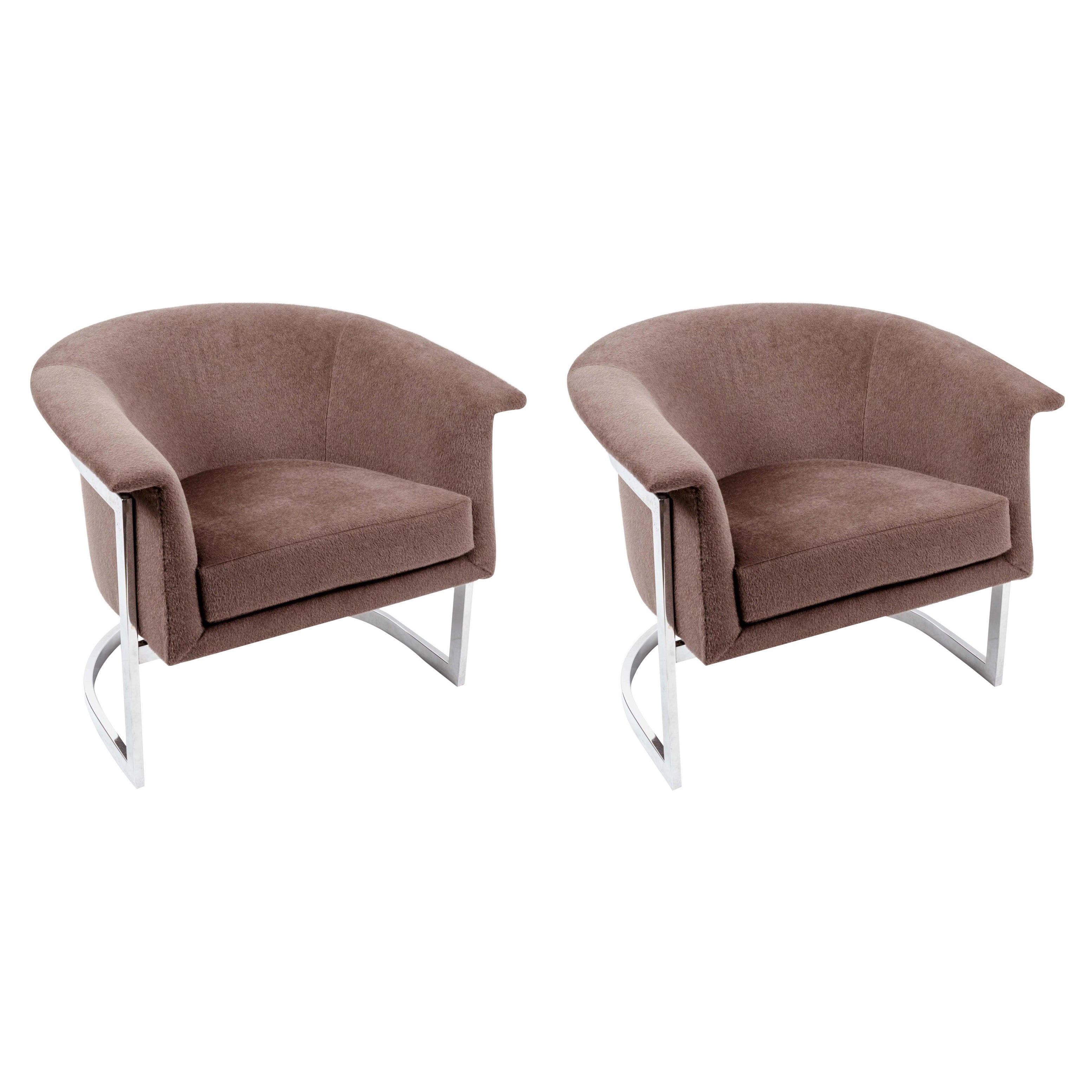 Pair of Chromed Steel Upholstered Lounge Chairs in the Style of Milo Baughman