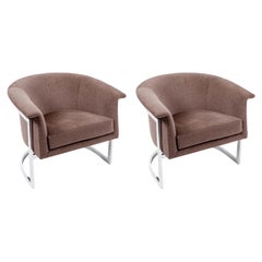 Pair of Chromed Steel Upholstered Lounge Chairs in the Style of Milo Baughman