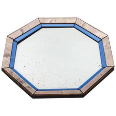 Octagonal Mirror with Blue and Antiqued Silver Frame
