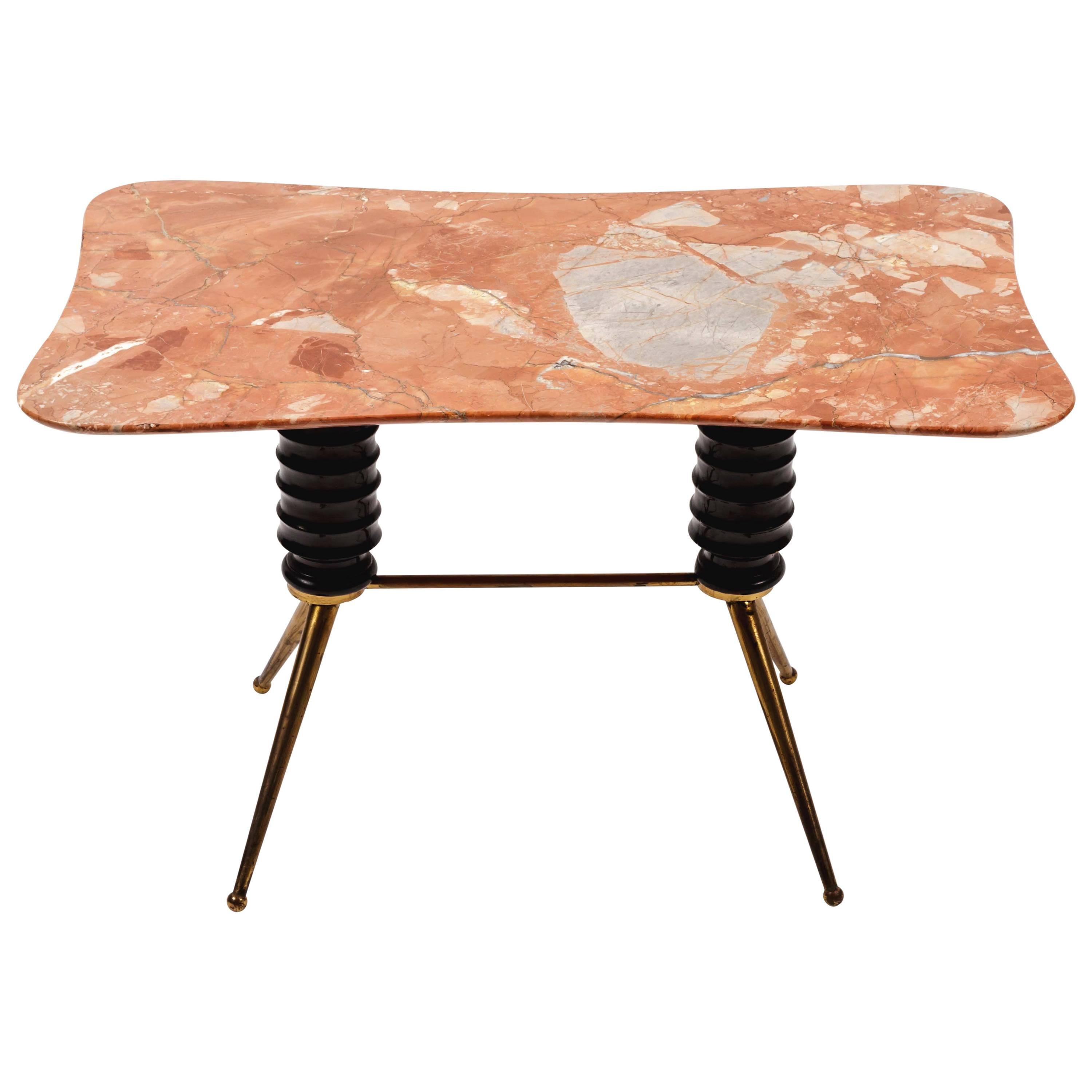 Brass Coffee Table Base with Bimorphic Shaped Rose Marble Top