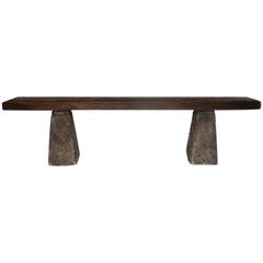 Primitive Modern Reclaimed Wood Console with Antique Stone Bases