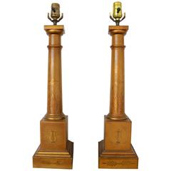 Pair of French Column-Form, Tole-Ware Table Lamps in Mustard Coloration