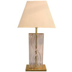Hollis Jones Style, 1970s Table Lamp in Polished Brass and Lucite