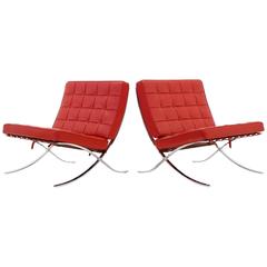 Pair of Vintage Red Leather Barcelona Chairs, Chromed Steel Frames
